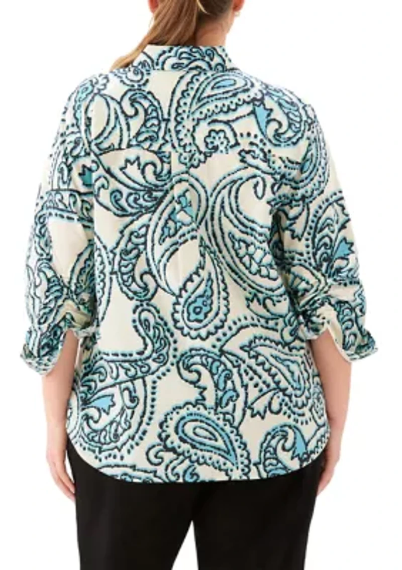 Plus Ruched Sleeve Button Up Shirt