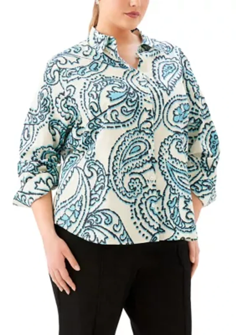 Plus Ruched Sleeve Button Up Shirt