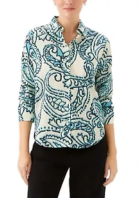 Women's Ruched Sleeve Button-Up Shirt