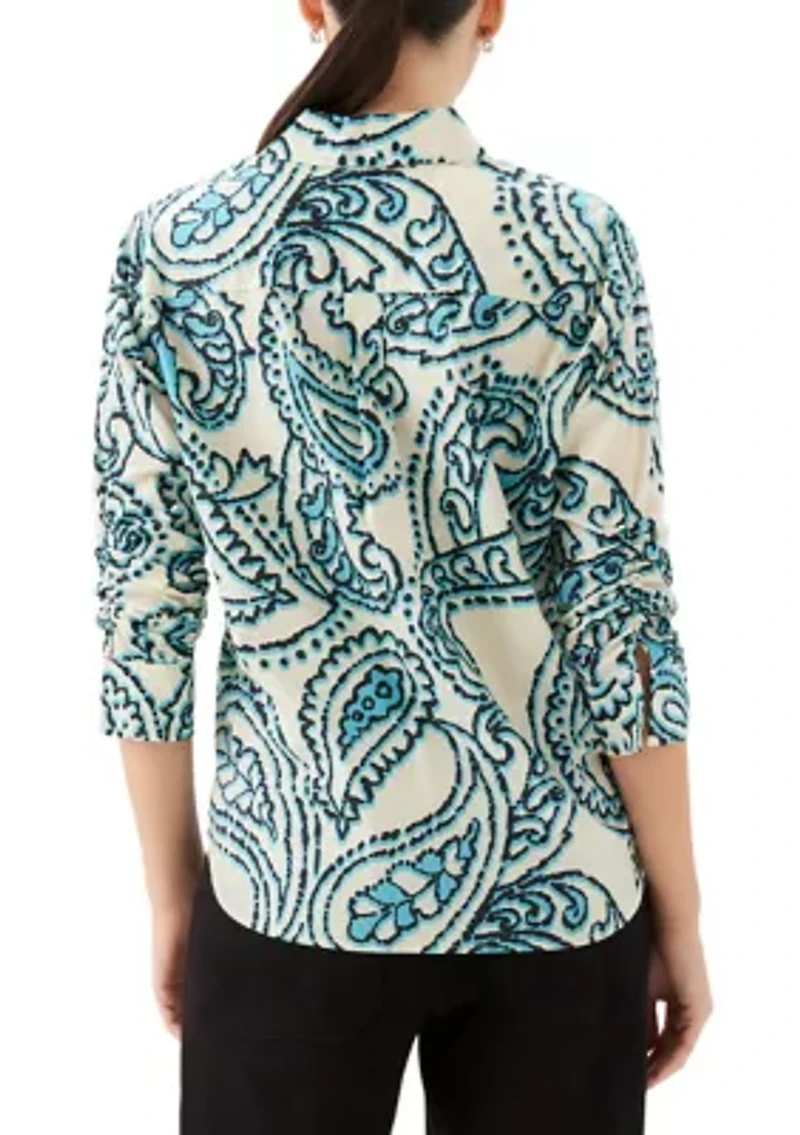 Women's Ruched Sleeve Button-Up Shirt