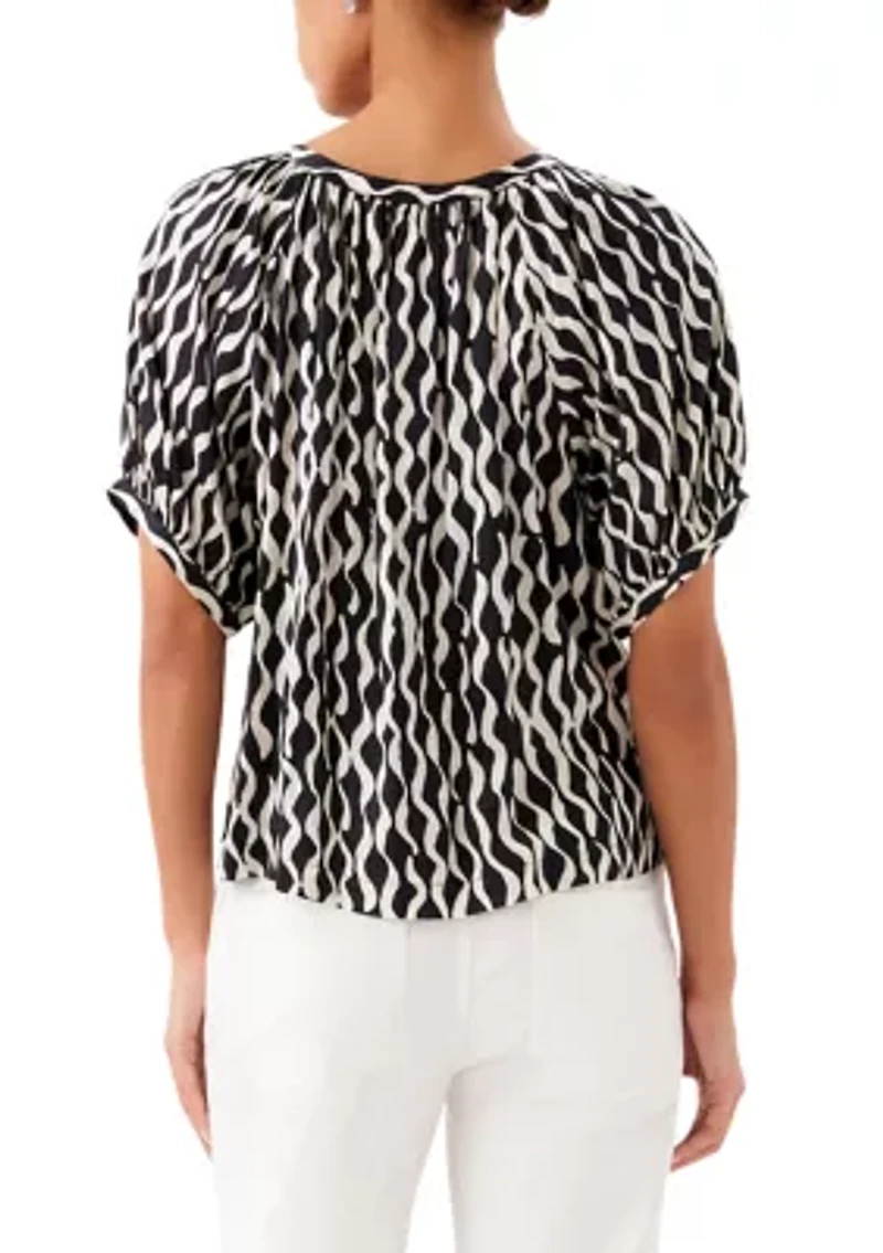 Petite Satin Short Sleeve Peasant Top