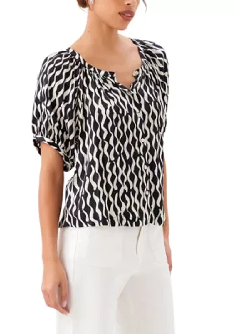 Petite Satin Short Sleeve Peasant Top