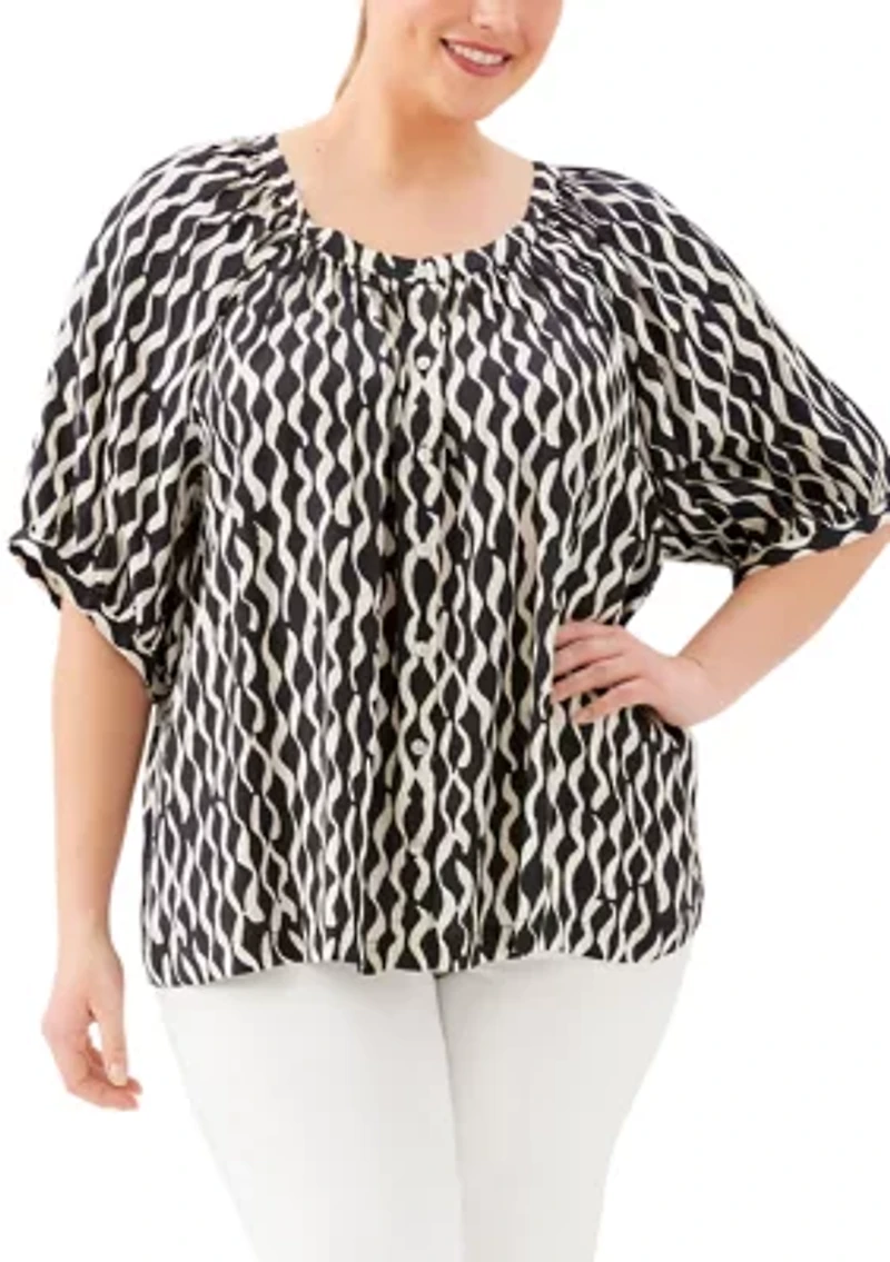 Plus Satin Short Sleeve Peasant Top