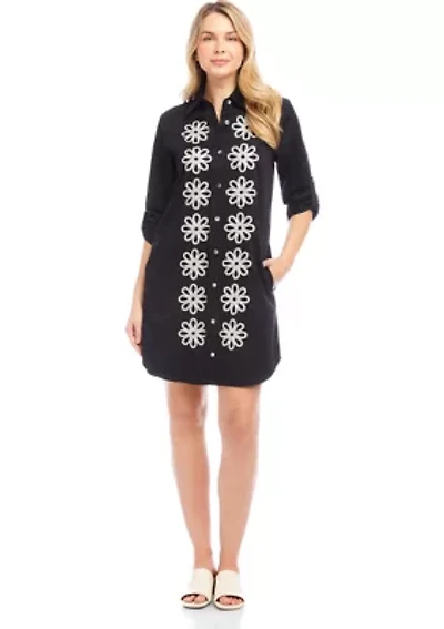 Petite Roll Tab Embroidered Shirtdress