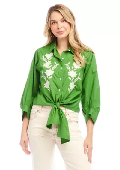 Women's Blouson Sleeve Embroidered Tie Front Top