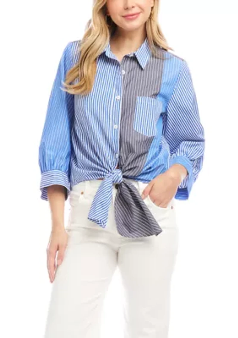 Women's Blouson Sleeve Mixed Stripe Tie-Front Top