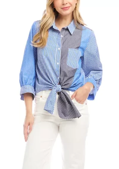 Women's Blouson Sleeve Mixed Stripe Tie-Front Top