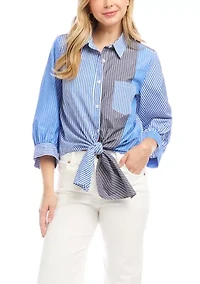 Women's Blouson Sleeve Mixed Stripe Tie-Front Top