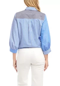 Women's Blouson Sleeve Mixed Stripe Tie-Front Top