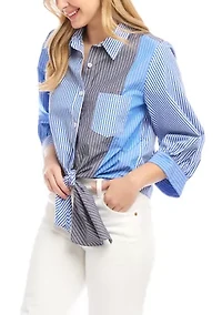 Women's Blouson Sleeve Mixed Stripe Tie-Front Top