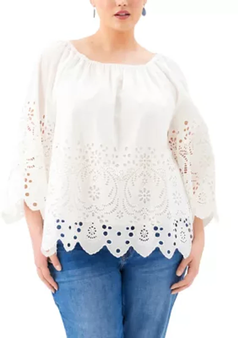 Plus Cutout Embroidery Flare Sleeve Peasant Top