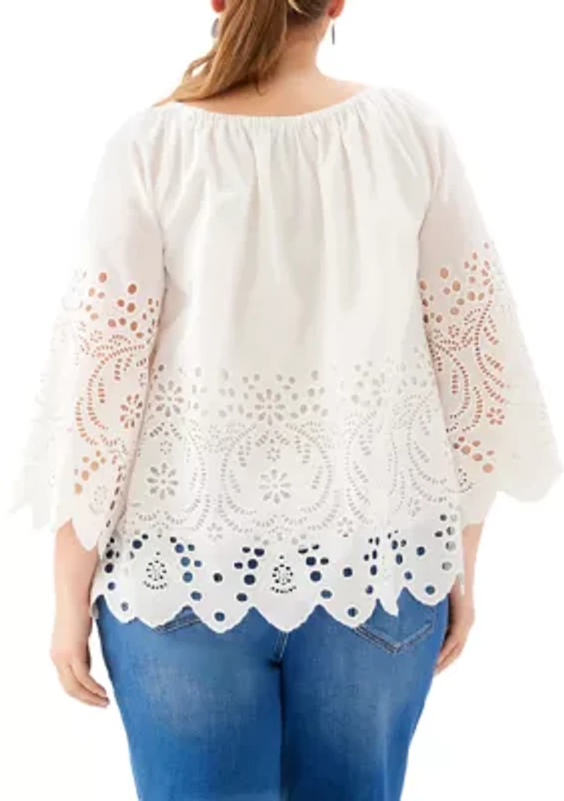 Plus Cutout Embroidery Flare Sleeve Peasant Top