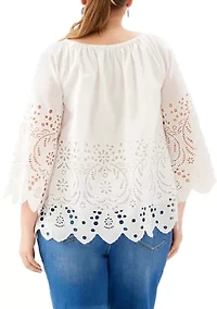 Plus Cutout Embroidery Flare Sleeve Peasant Top