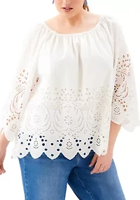 Plus Cutout Embroidery Flare Sleeve Peasant Top