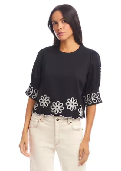 Women's Elbow Sleeve Embroidered Scallop Top