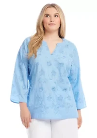 Plus 3/4 Sleeve Embroidered Tunic Top