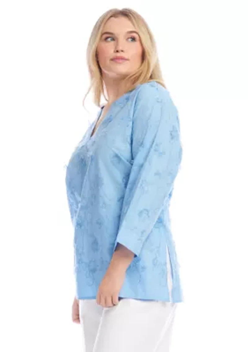 Plus 3/4 Sleeve Embroidered Tunic Top