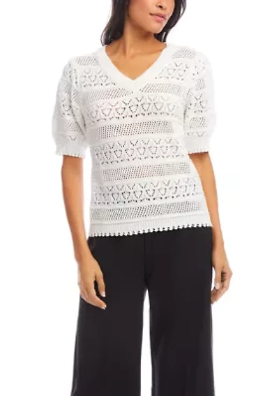 Women's Short Sleeve Crochet V-Neck Top