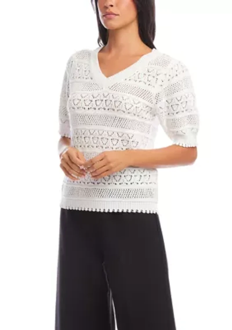 Women's Short Sleeve Crochet V-Neck Top