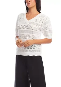 Women's Short Sleeve Crochet V-Neck Top