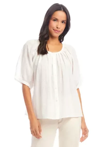 Petite Short Sleeve Embroidered Peasant Top
