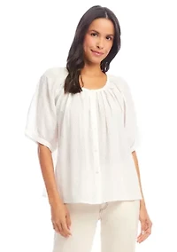 Petite Short Sleeve Embroidered Peasant Top
