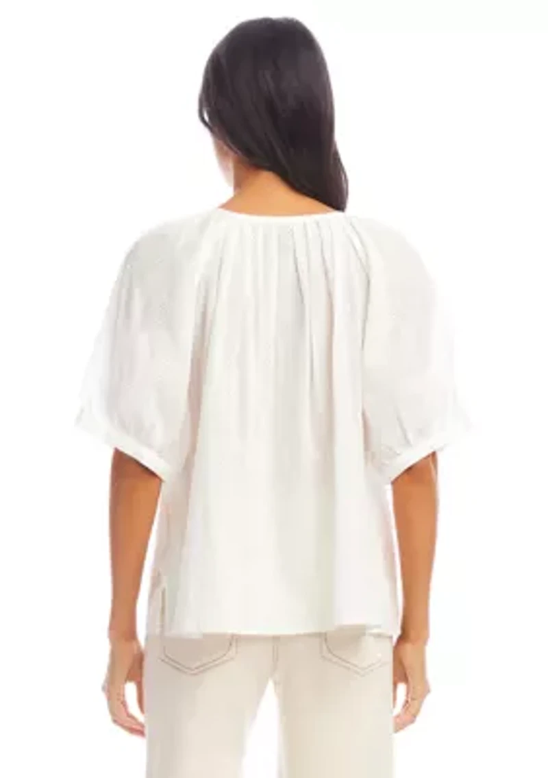 Petite Short Sleeve Embroidered Peasant Top