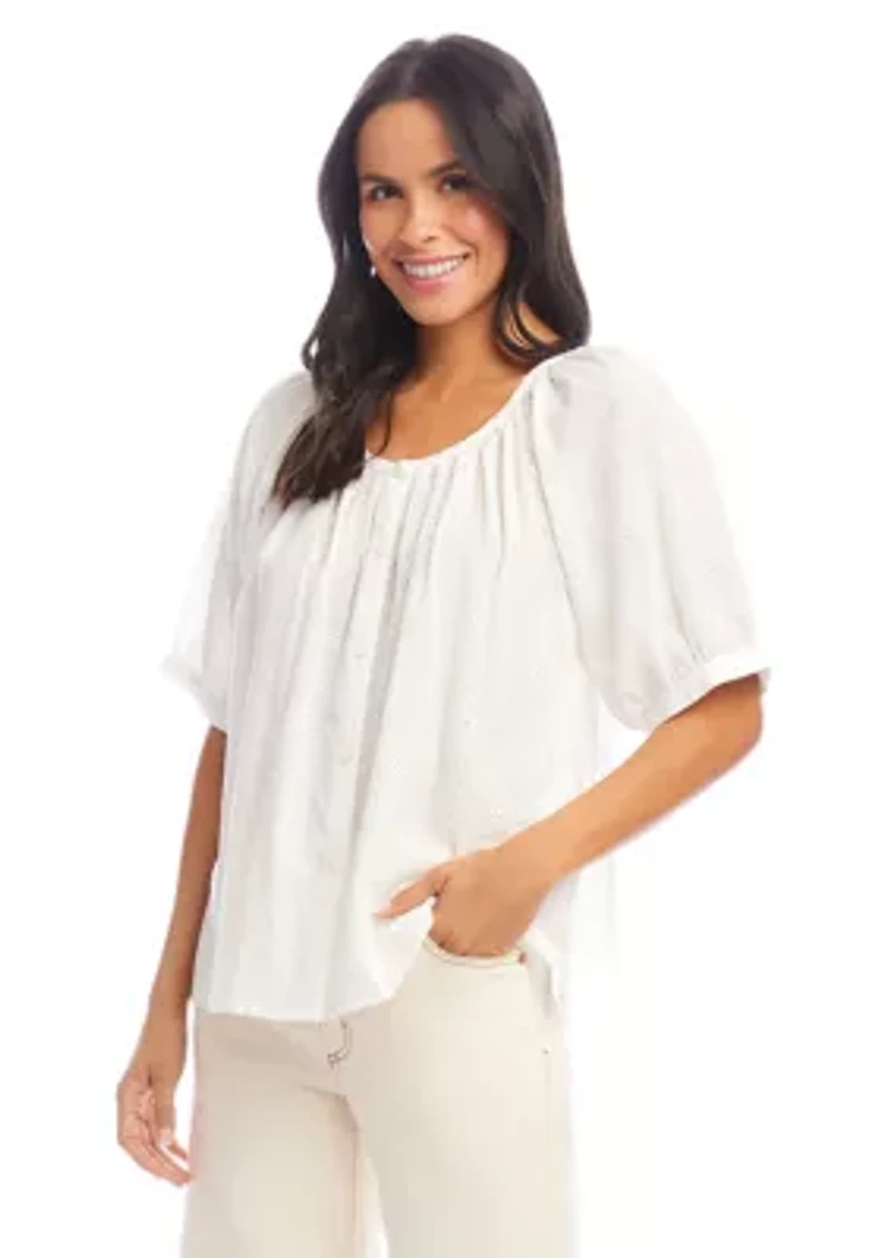 Petite Short Sleeve Embroidered Peasant Top