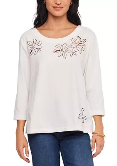 Women's 3/4 Sleeve Embroidered Cut-Out Boatneck Top