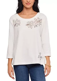 Women's 3/4 Sleeve Embroidered Cut-Out Boatneck Top