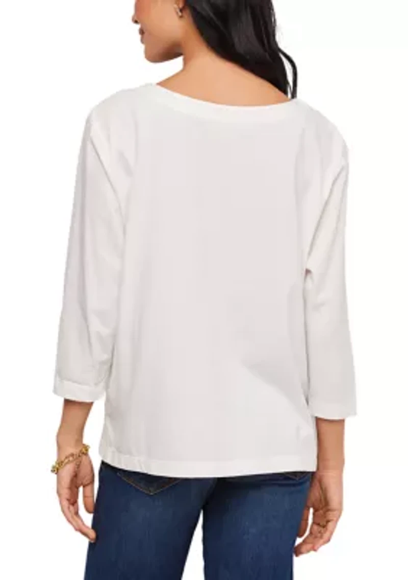 Women's 3/4 Sleeve Embroidered Cut-Out Boatneck Top