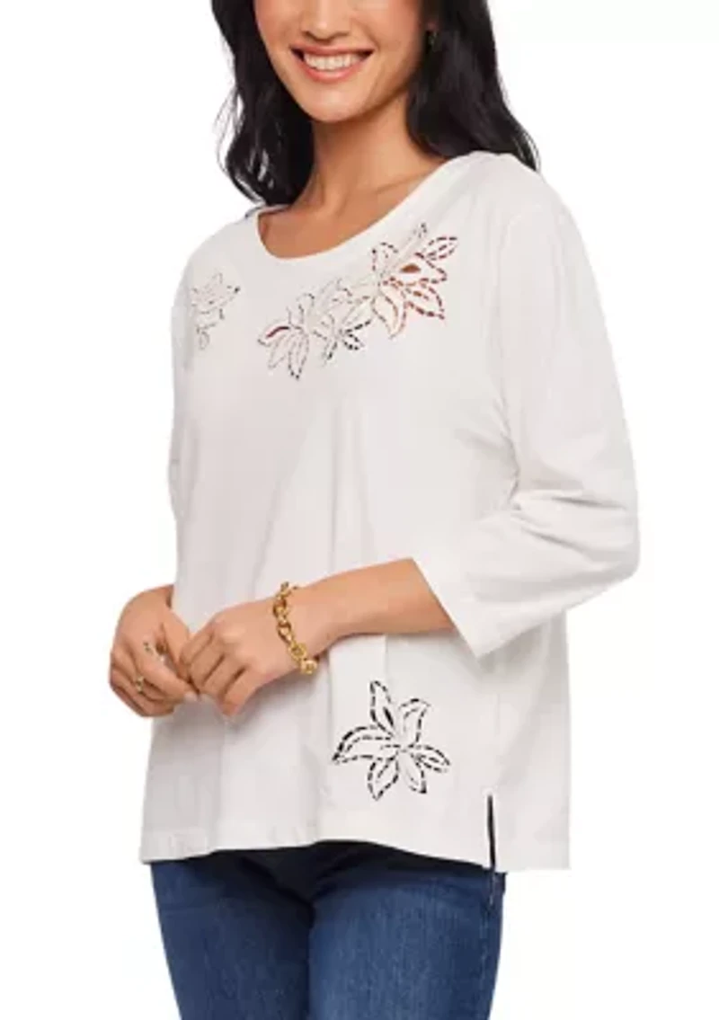 Women's 3/4 Sleeve Embroidered Cut-Out Boatneck Top
