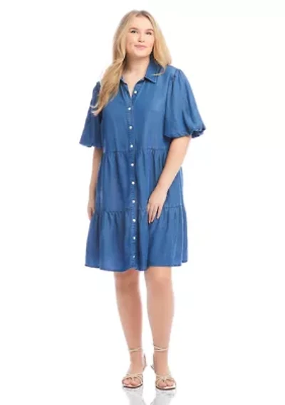 Plus Puff Sleeve Tiered Shirtdress
