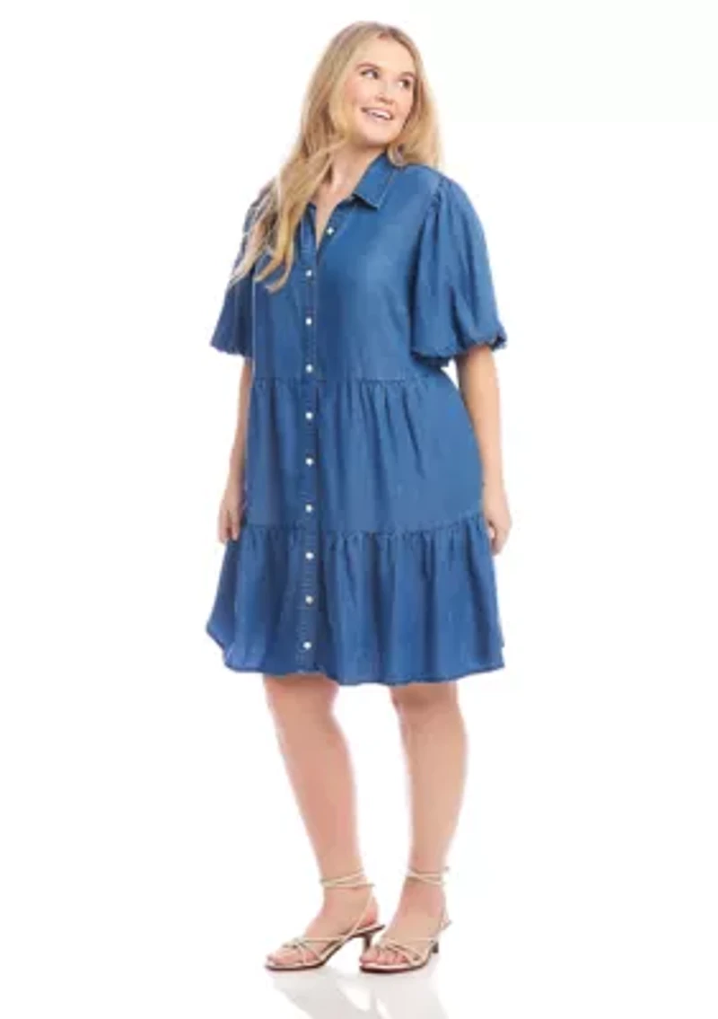 Plus Puff Sleeve Tiered Shirtdress