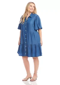 Plus Puff Sleeve Tiered Shirtdress