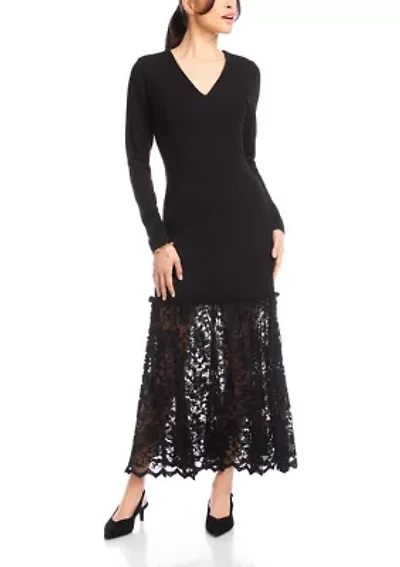 Women's Long Sleeve Contrast Lace V-Neck Column Dress