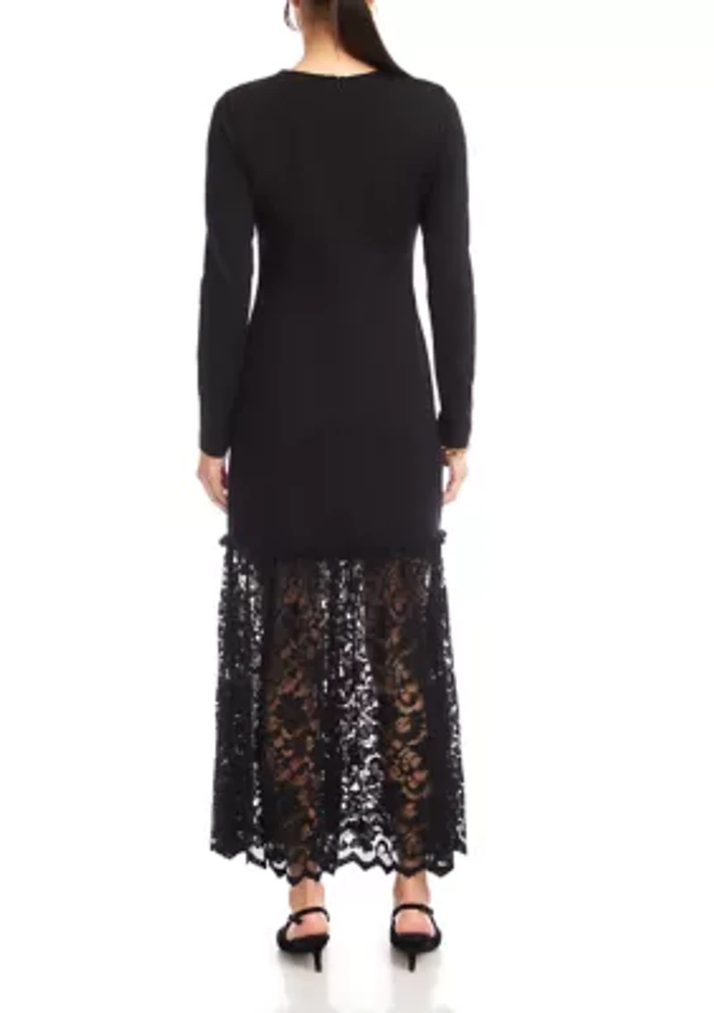 Women's Long Sleeve Contrast Lace V-Neck Column Dress