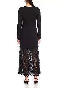 Women's Long Sleeve Contrast Lace V-Neck Column Dress
