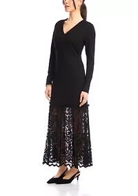 Women's Long Sleeve Contrast Lace V-Neck Column Dress