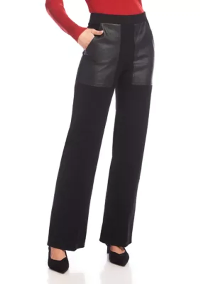 Women's Contrast Faux Leather Pocket Wide Leg Pants