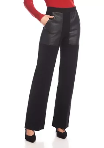 Women's Contrast Faux Leather Pocket Wide Leg Pants