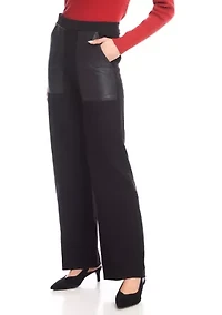 Women's Contrast Faux Leather Pocket Wide Leg Pants