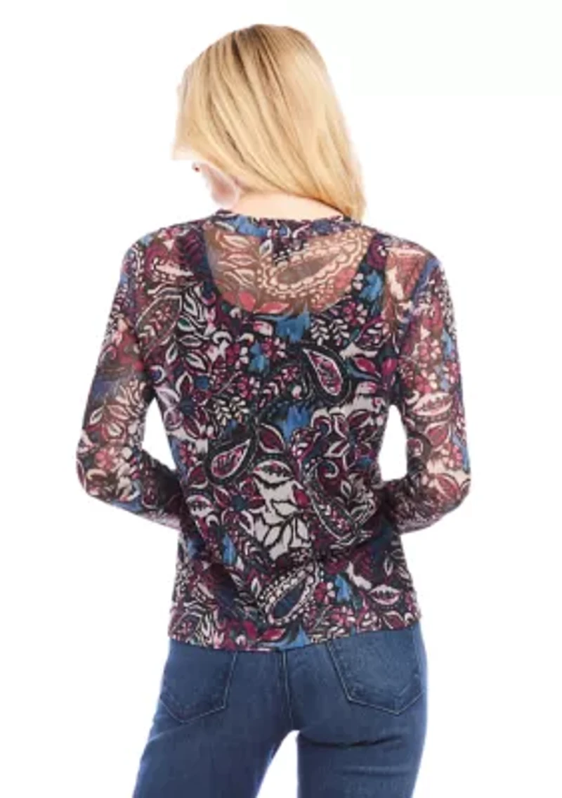 Petite Long Sleeve Paisley Crew Neck Top
