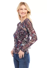 Petite Long Sleeve Paisley Crew Neck Top