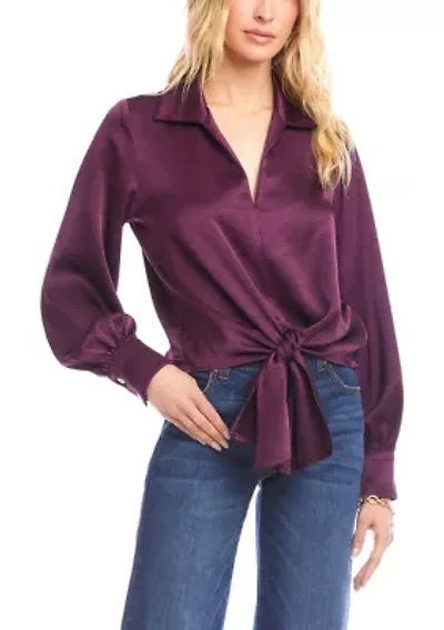 Women's Satin Tie Front Top