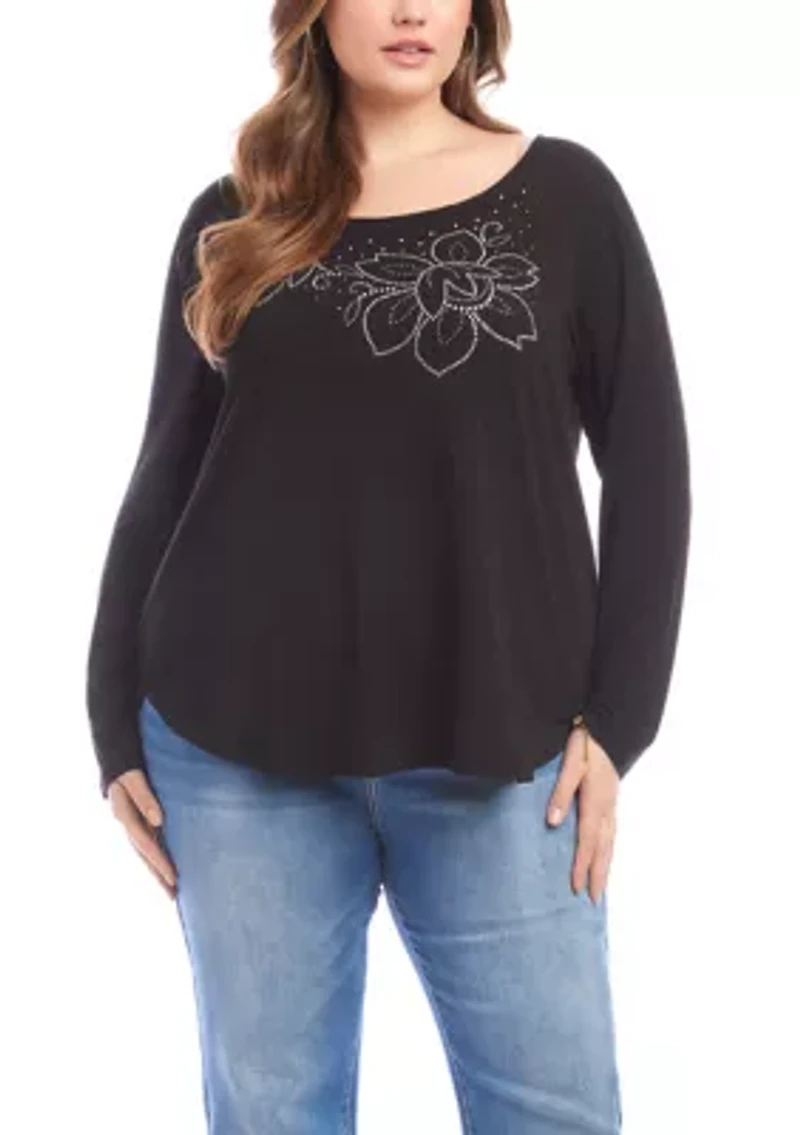Plus Long Sleeve Embellished Shirttail Top