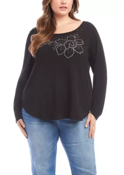Plus Long Sleeve Embellished Shirttail Top