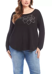 Plus Long Sleeve Embellished Shirttail Top