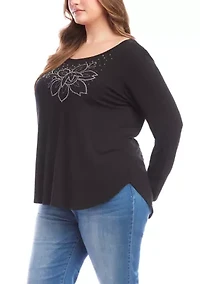Plus Long Sleeve Embellished Shirttail Top