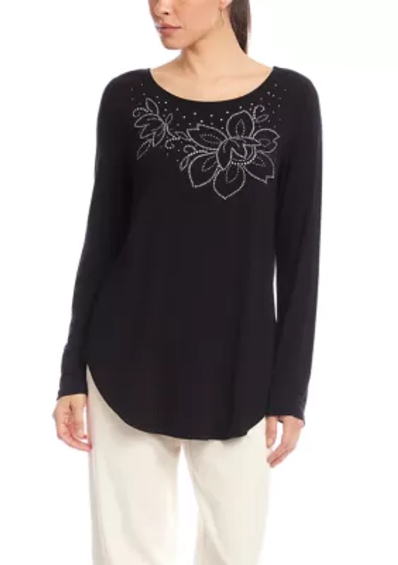 Women's Long Sleeve Embellished Shirttail Top